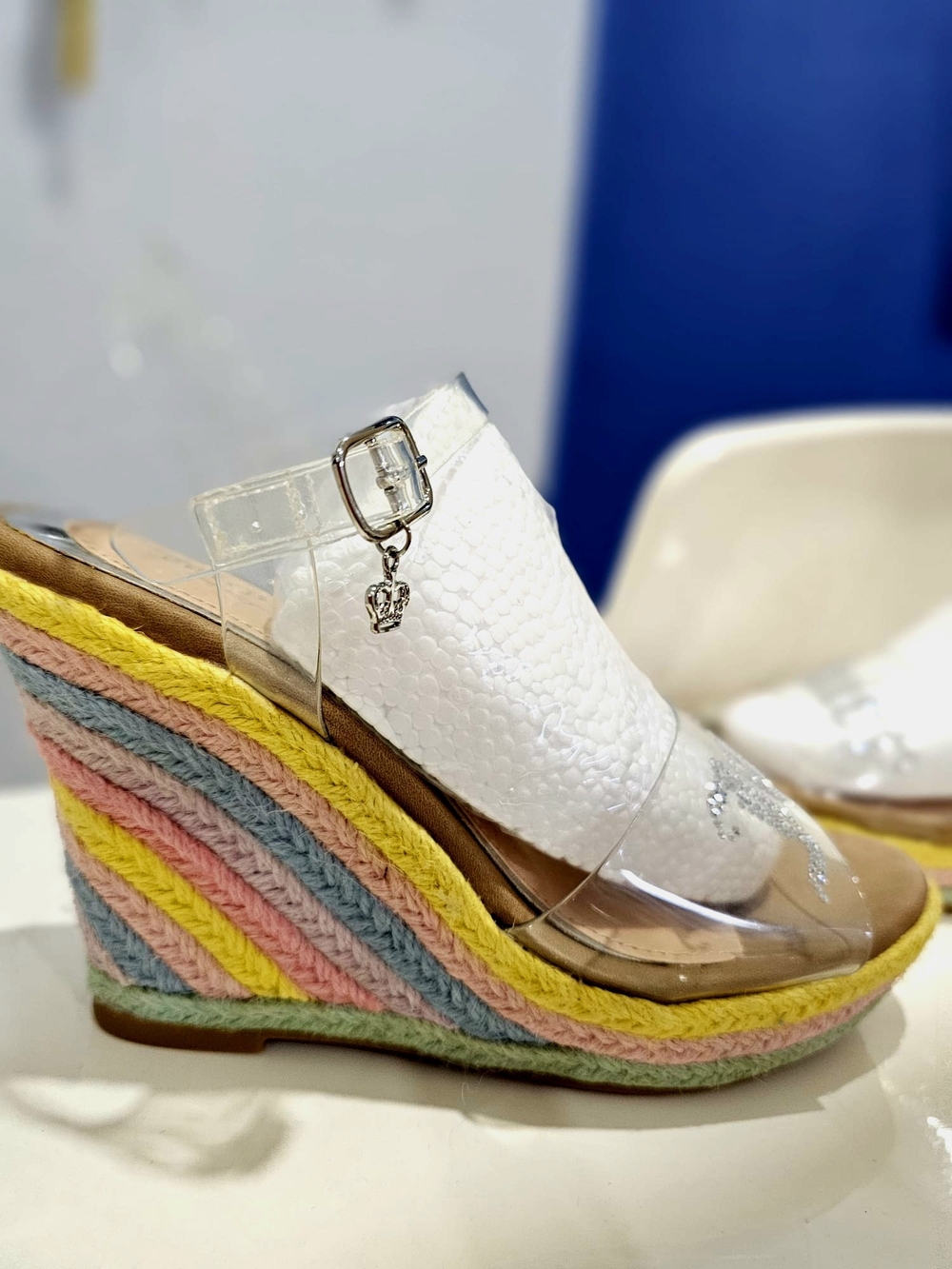 Juicy Couture White Clear Strap Wedges with Pastel Multicolor Rope Heel